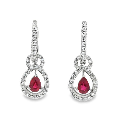 Orecchini Pendenti Rubino a Goccia ct 1,22 e Diamanti ct 0,35+0,21 EF VS Oro Bianco 18 kt 5,69 gr