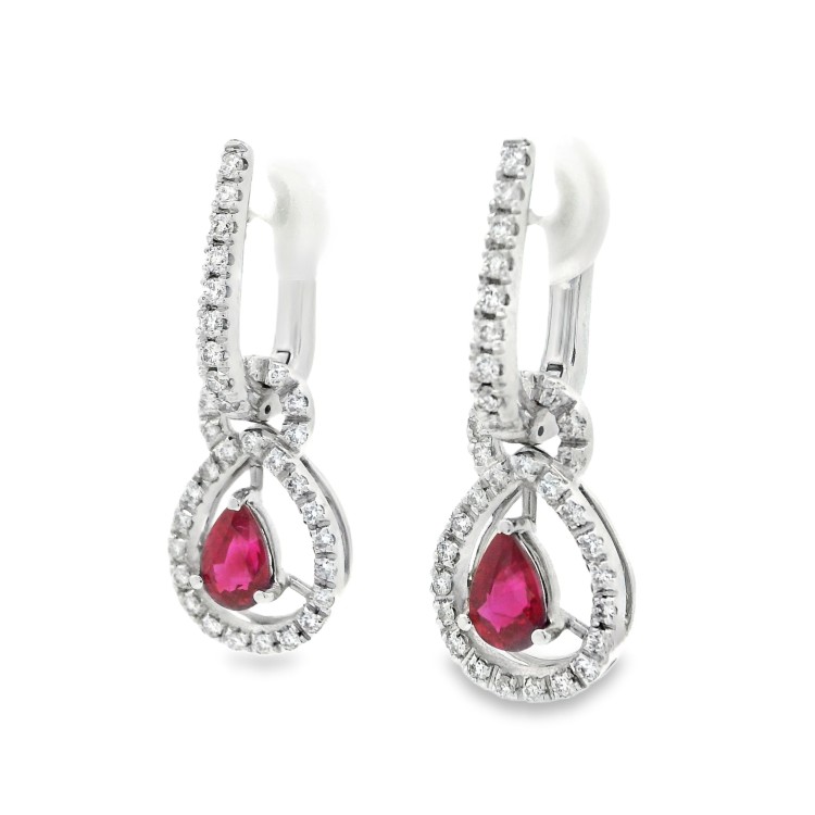Orecchini Pendenti Rubino a Goccia ct 1,22 e Diamanti ct 0,35+0,21 EF VS Oro Bianco 18 kt 5,69 gr