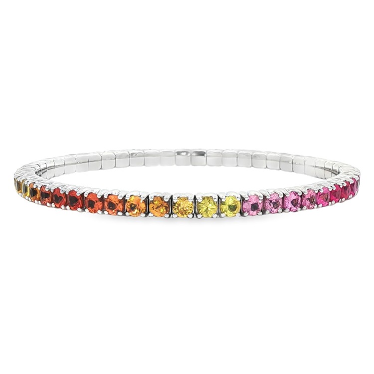 Bracciale Tennis Elastico Zaffiri Multicolor ct 8,20  misura 4,0 mm n° 51 pietre Oro Bianco 18 kt 16,7 gr.