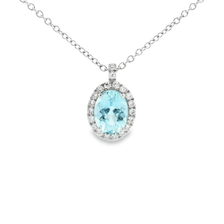 Collana Acquamarina Ovale 8 x 6 mm ct 1,14 Diamanti ct 0,145 F VS SI Oro 18 kt 2,40 gr