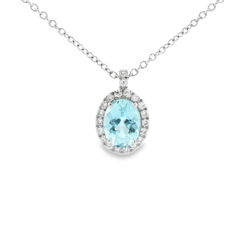 Collana Acquamarina Ovale 6 x 8 mm ct 1,14 e Diamanti taglio a brillante ct 0,145 F VS SI Oro 18 kt 2,66 gr