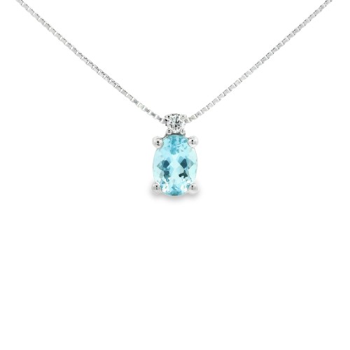 Collana Acquamarina Ovale 7 x 5 mm ct 0,71 Diamanti ct 0,0,33 F VS Oro 18 kt 2,13 gr