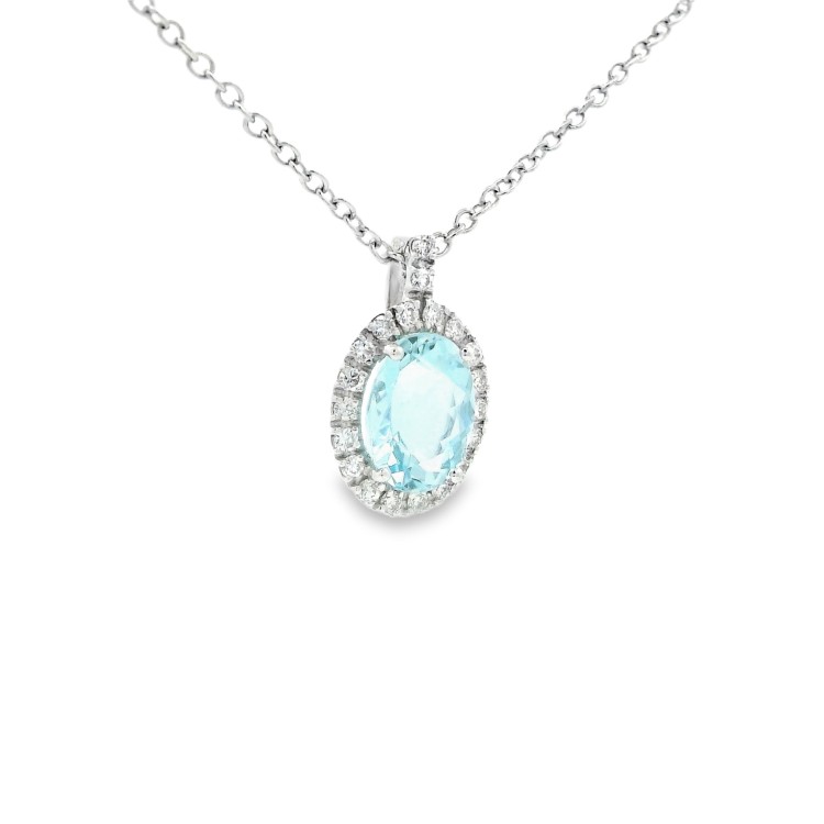 Collana Acquamarina Ovale 6 x 8 mm ct 1,14 e Diamanti taglio a brillante ct 0,145 F VS SI Oro 18 kt 2,66 gr
