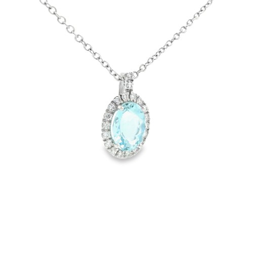 Collana Acquamarina Ovale 6 x 8 mm ct 1,14 e Diamanti taglio a brillante ct 0,145 F VS SI Oro 18 kt 2,66 gr