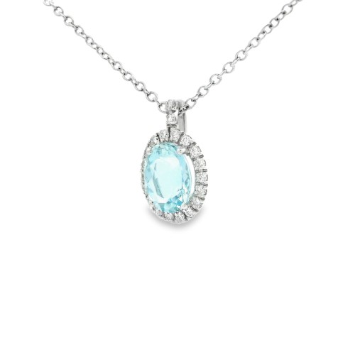 Collana Acquamarina Ovale 8 x 6 mm ct 1,14 Diamanti ct 0,145 F VS SI Oro 18 kt 2,40 gr