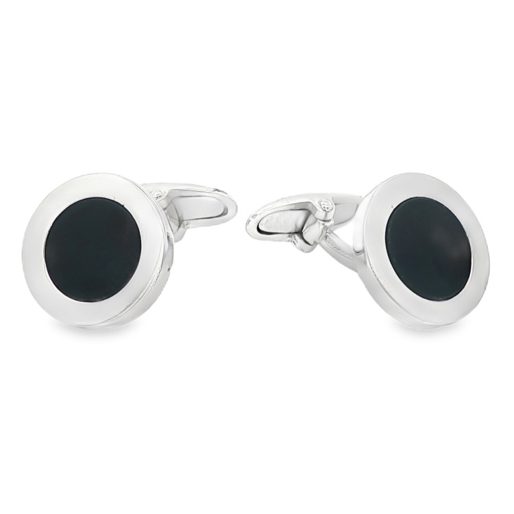Gemelli Polsini Rotondi con Onice misura 15 x 2,3 mm Lisci  con bordo in Argento 925 rodiati.