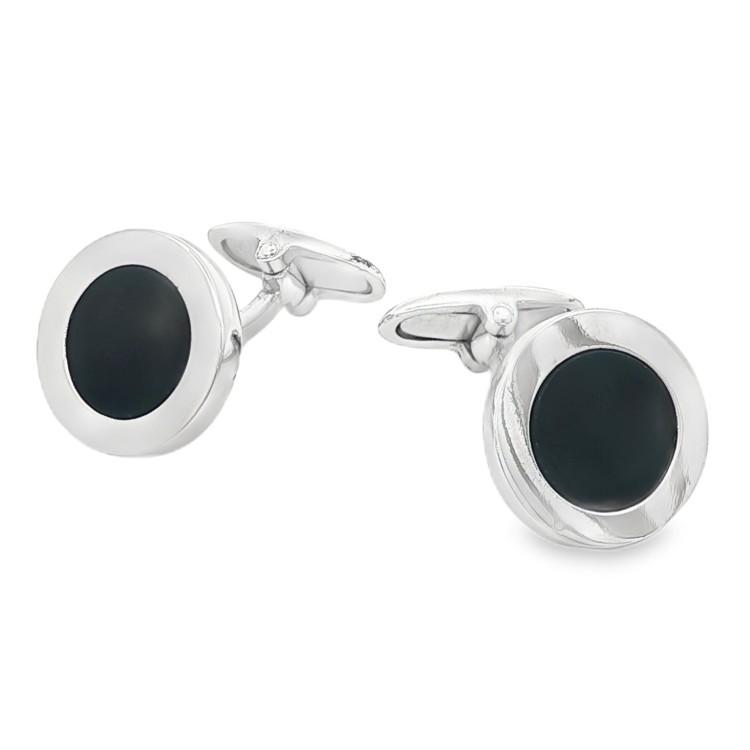 Gemelli Polsini Rotondi con Onice misura 15 x 2,3 mm Lisci  con bordo in Argento 925 rodiati.