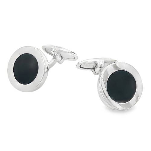 Gemelli Polsini Rotondi con Onice misura 15 x 2,3 mm Lisci  con bordo in Argento 925 rodiati.