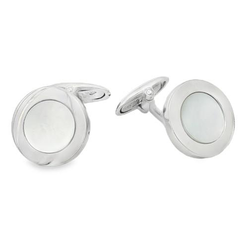 Gemelli Polsini Rotondi con Maddreperla misura 15 x 2,3 mm Lisci  con bordo in Argento 925 rodiati.