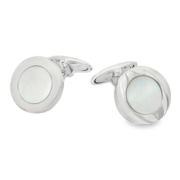 Gemelli Polsini Rotondi con Maddreperla misura 15 x 2,3 mm Lisci  con bordo in Argento 925 rodiati.