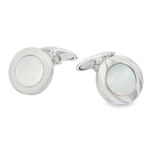 Gemelli Polsini Rotondi con Maddreperla misura 15 x 2,3 mm Lisci  con bordo in Argento 925 rodiati.