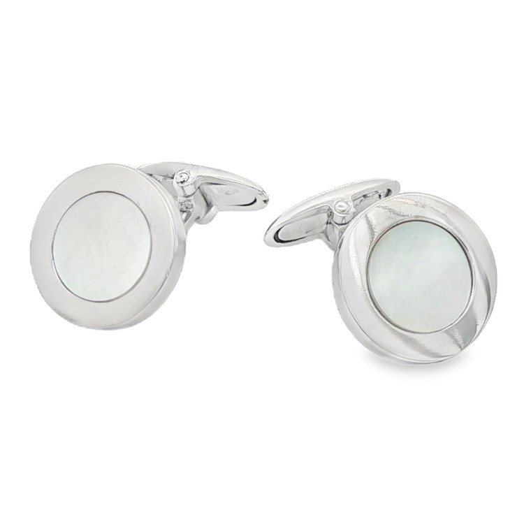 Gemelli Polsini Rotondi con Maddreperla misura 15 x 2,3 mm Lisci  con bordo in Argento 925 rodiati.