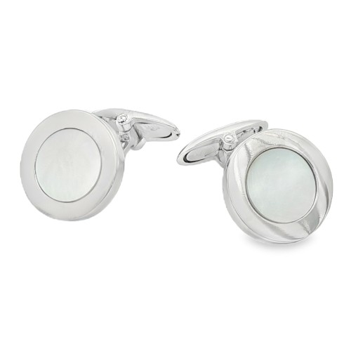 Gemelli Polsini Rotondi con Maddreperla misura 15 x 2,3 mm Lisci  con bordo in Argento 925 rodiati.