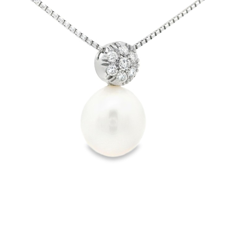 Collana Fantasia Oro Bianco 750 18 kt con Perla Acqua Dolce 10,5 mm Diamanti ct 0,22 F VVS 6,2 gr
