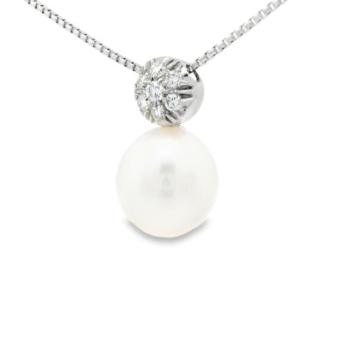 Collana Fantasia Oro Bianco 750 18 kt con Perla Acqua Dolce 10,5 mm Diamanti ct 0,22 F VVS 6,2 gr