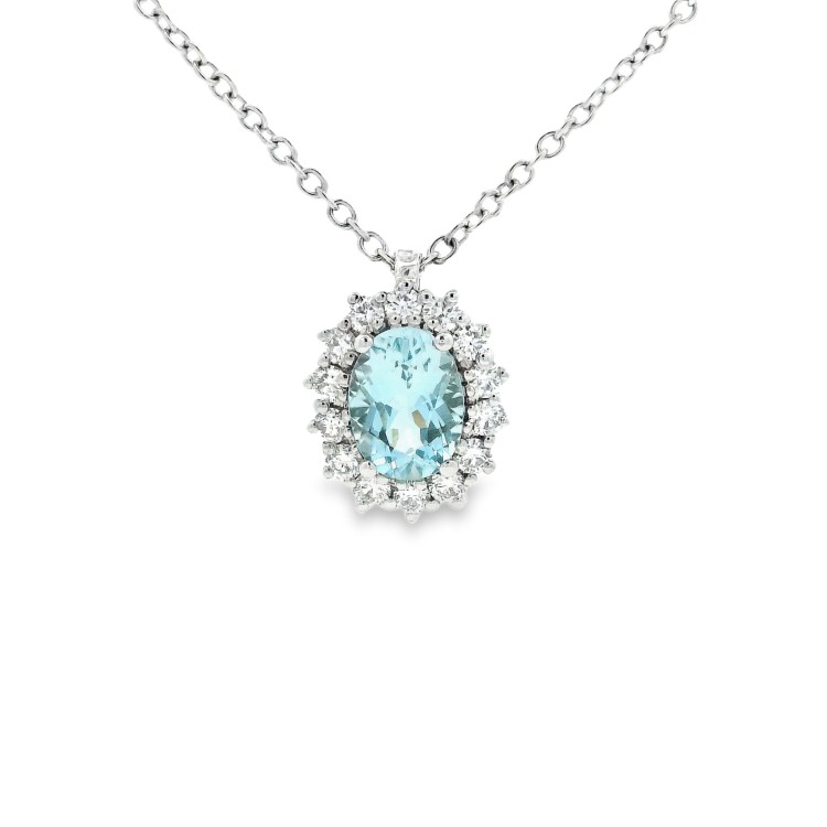Collana Acquamarina Ovale 8 x 6 mm ct 1,08 Diamanti ct 0,41 F VS SI Oro 18 kt 4,75 gr