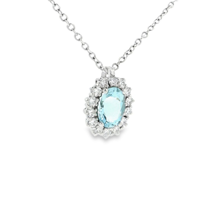 Collana Acquamarina Ovale 8 x 6 mm ct 1,08 Diamanti ct 0,41 F VS SI Oro 18 kt 4,75 gr