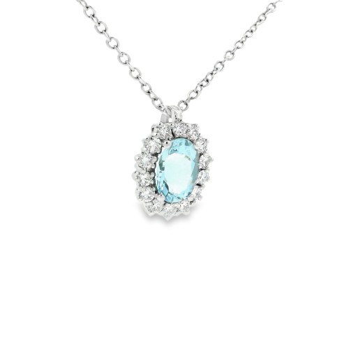 Collana Acquamarina Ovale 8 x 6 mm ct 1,08 Diamanti ct 0,41 F VS SI Oro 18 kt 4,75 gr