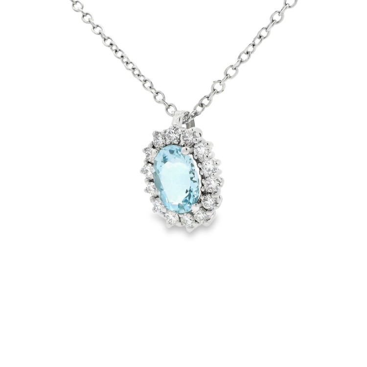 Collana Acquamarina Ovale 8 x 6 mm ct 1,08 Diamanti ct 0,41 F VS SI Oro 18 kt 4,75 gr