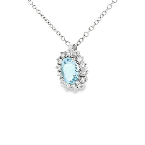 Collana Acquamarina Ovale 8 x 6 mm ct 1,08 Diamanti ct 0,41 F VS SI Oro 18 kt 4,75 gr
