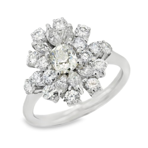 Anello Diamanti Cristallo di Neve Margherita Cuscino ct 0,49 G VS2 + Brillante ct 1,17 EF VVS Oro 18 kt 5,80 gr