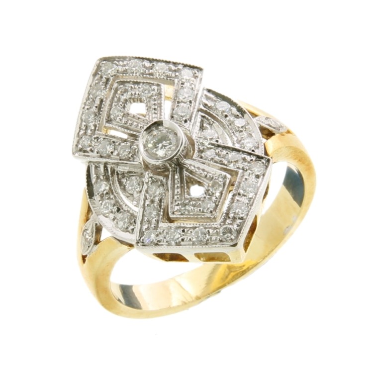 Anello Stile Antico Diamanti ART DECO Diamanti ct 0,48 F VVS Oro 18 kt