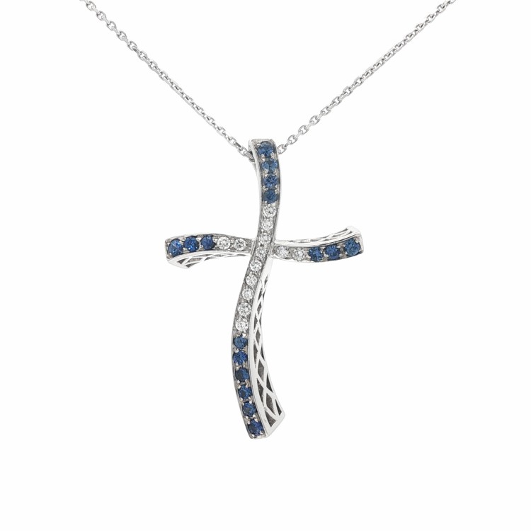 Collana Croce Zaffiri Diamanti ct 0,30 Oro 18 kt