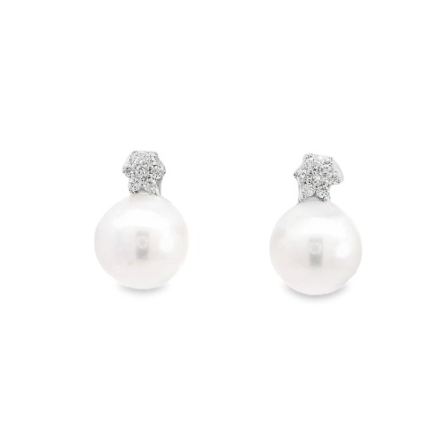 Orecchini Perla Giapponese 9,5 mm 6+1 Diamanti ct 0,17 Oro 18 kt 5,70 gr